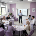 Premium educational classroom image, square format,
Arab students at an intermediate Hebrew level studying together,
female students on one side and male students on the other,
students participating in discussion and writing exercises,
young teacher guiding the class,
light lavender and soft purple color theme,
focused and confident academic atmosphere,
high-end education photography, no logos, no watermarks
girls with hijab male taecher
