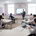 Premium educational classroom image, square format,
Arab students studying in a calm modern classroom,
female students on one side and male students on the other,
young teacher guiding students during a longer lesson,
students focused with notebooks and laptops,
sense of structured long-term learning and progress,
light lavender and soft purple color theme,
clean academic environment, soft natural lighting,
and to be clear in this course they study from a to z to
in a traditional classroom and male teatcher