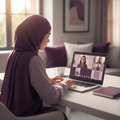 Premium educational course image, square format,
single Arab student studying at home on a laptop,
Zoom-style video call with a teacher visible on screen (no readable text),
personal one-on-one lesson atmosphere,
female or male student, modest style,
deep purple and lavender color palette,
soft natural light, clean modern desk,
focused and calm mood, academic success feeling,
high-end photography, shallow depth of field,
no readable text, no logos

